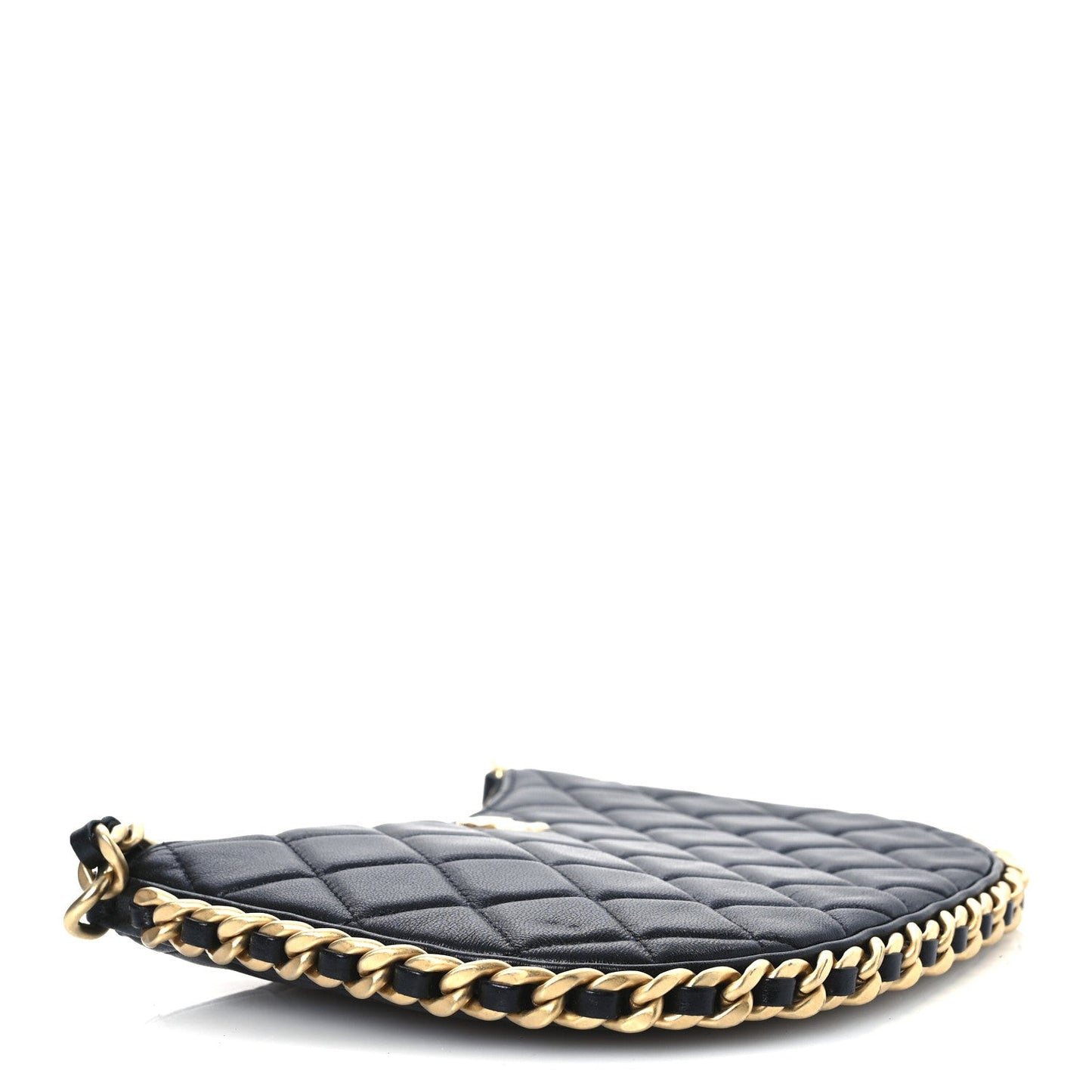 Shiny Crumpled Lambskin Quilted Trendy Chain Around Hobo Black
