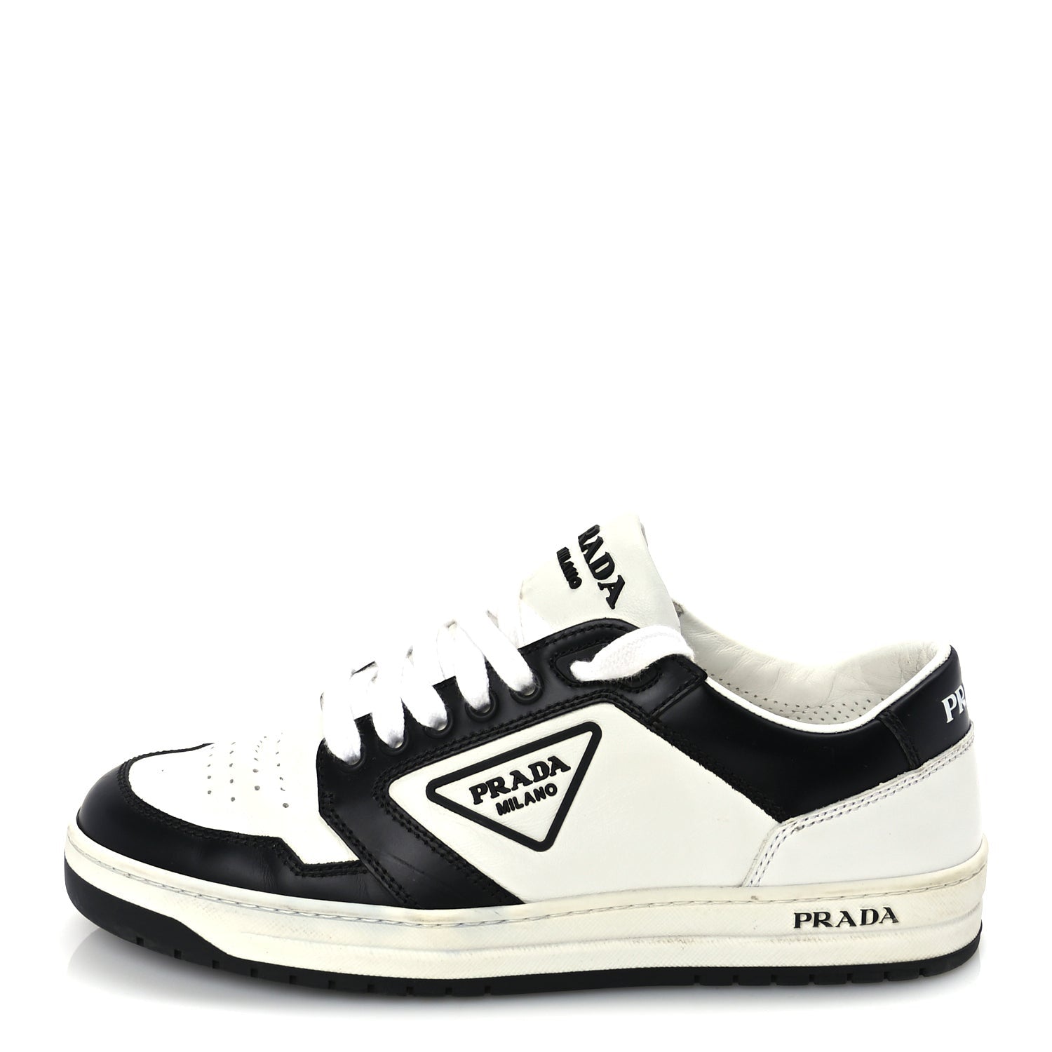 Prada Vitello Sport Spazzolato Rois Triangle Logo Womens Downtown Low Top 30mm Sneakers 38 White Black 1 of 8