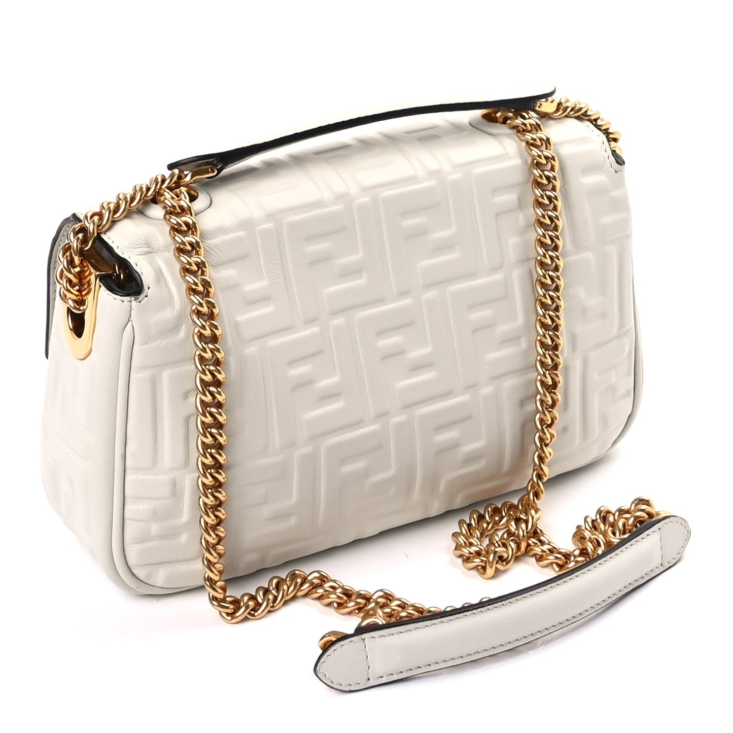 Nappa Small FF Embossed Midi Chain Baguette  White
