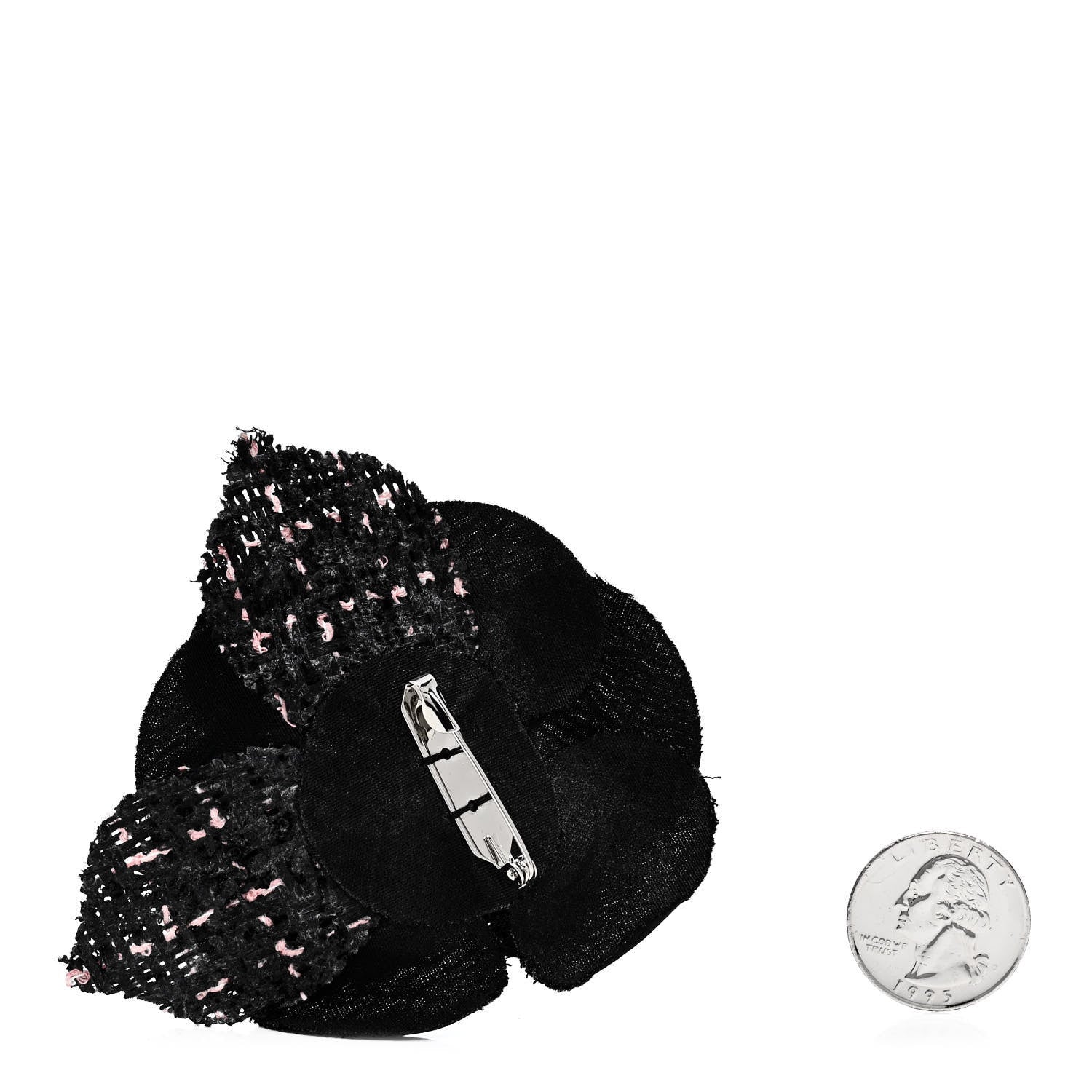 Chanel Tweed Camellia Pin Brooch Black Pink 2 of 3