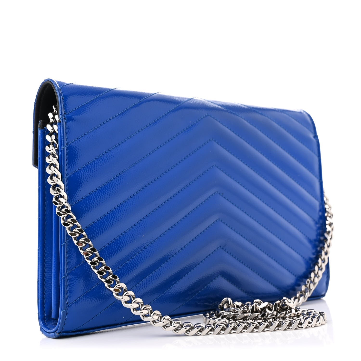 Saint Laurent Patent Grain De Poudre Matelasse Chevron Monogram Chain Wallet Blue Majorelle 3 of 7