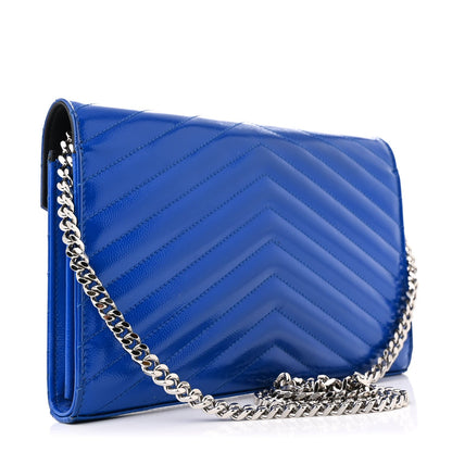 Saint Laurent Patent Grain De Poudre Matelasse Chevron Monogram Chain Wallet Blue Majorelle 3 of 7