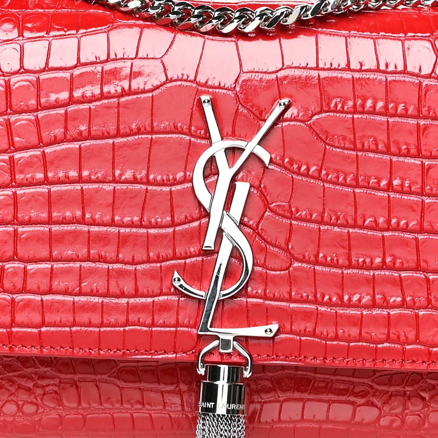 Saint Laurent Calfskin Crocodile Embossed Medium Classic Monogram Kate Tassel Satchel Red 7 of 9
