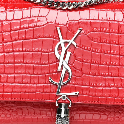 Saint Laurent Calfskin Crocodile Embossed Medium Classic Monogram Kate Tassel Satchel Red 7 of 9