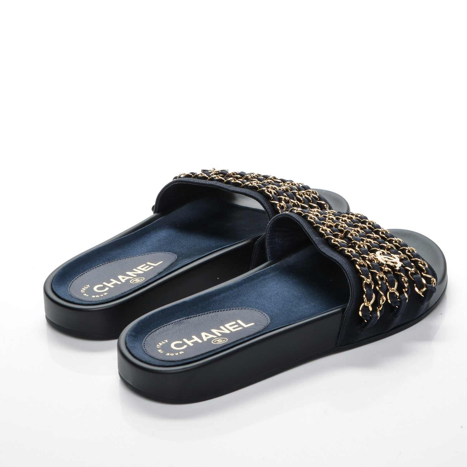 Chanel Lambskin Canvas Chain Flat Sandals 38 Marine 4 of 7