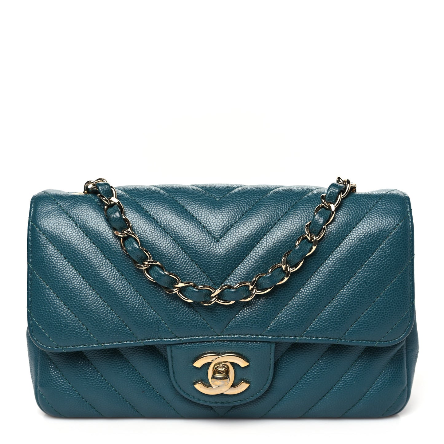 Caviar Chevron Quilted Mini Rectangular Flap Green