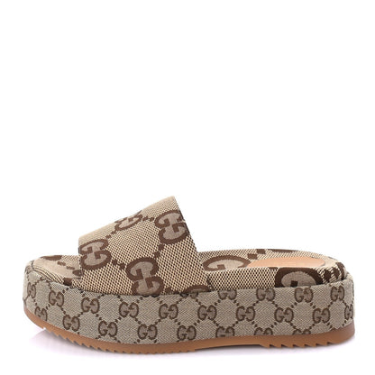 Gucci Monogram Maxi GG Angelina Platform 55mm Slide Sandals 39  Camel Ebony 1 of 8