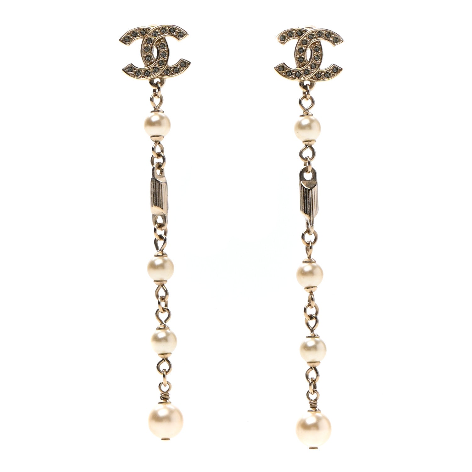 Chanel Crystal Pearl CC Long Drop Earrings Gold 1 of 4