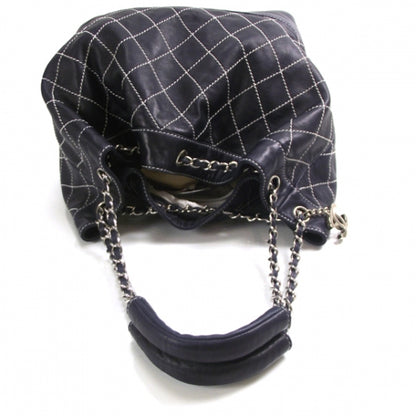 Chanel Leather Contrast Stitch Drawstring Tote Navy 6 of 11
