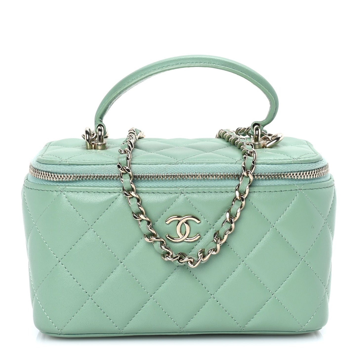 Lambskin Quilted Small Top Handle Vanity Case With Chain Light Green Light Green