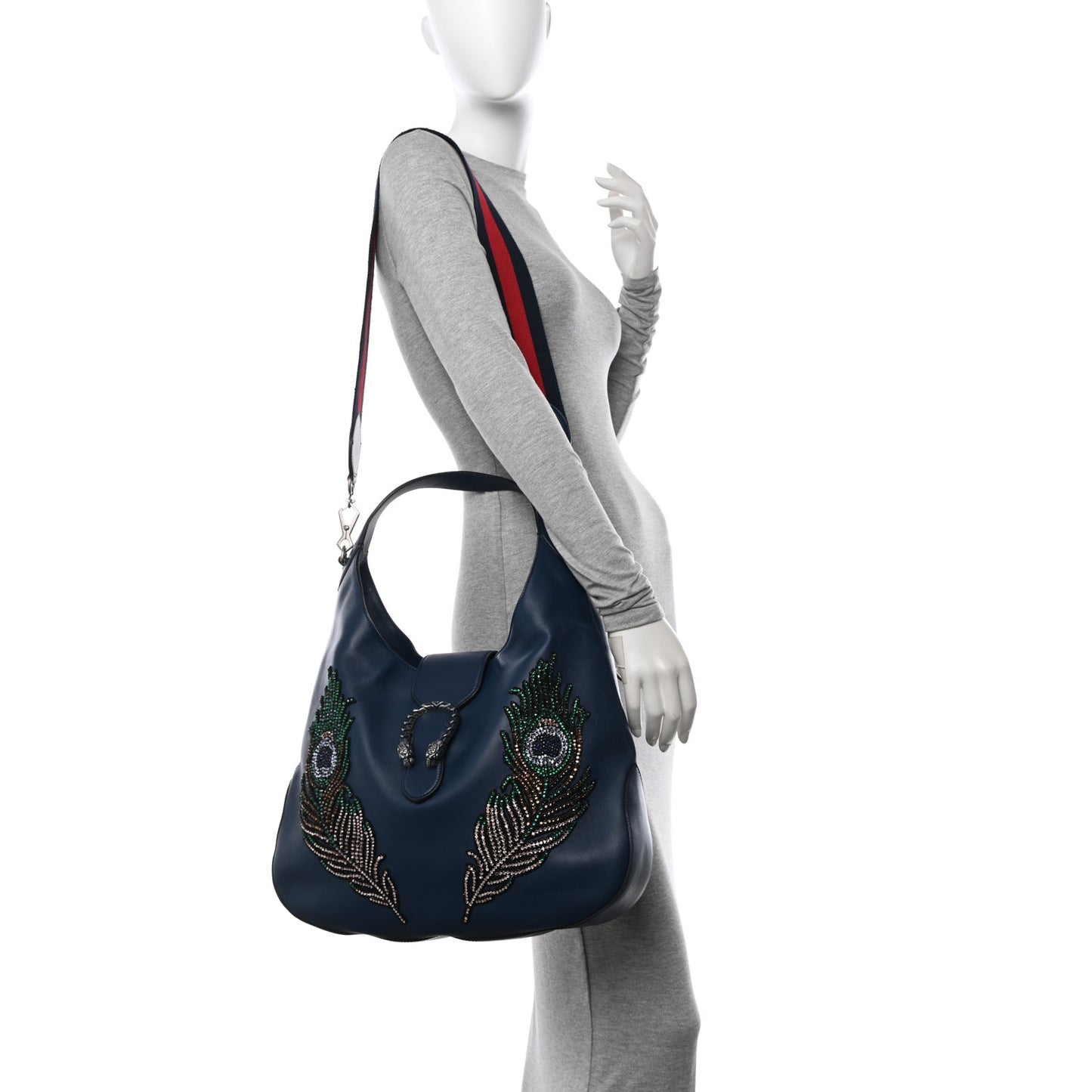 Calfskin Crystal Feather Embroidered Large Dionysus Hobo Dark Blue