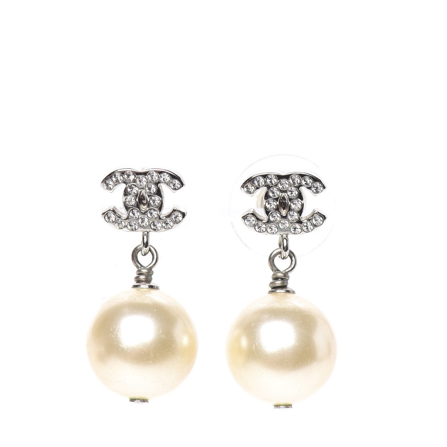 Crystal Pearl CC Drop Earrings Silver
