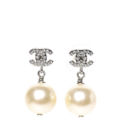 Chanel Crystal Pearl CC Drop Earrings Silver 1 of 5