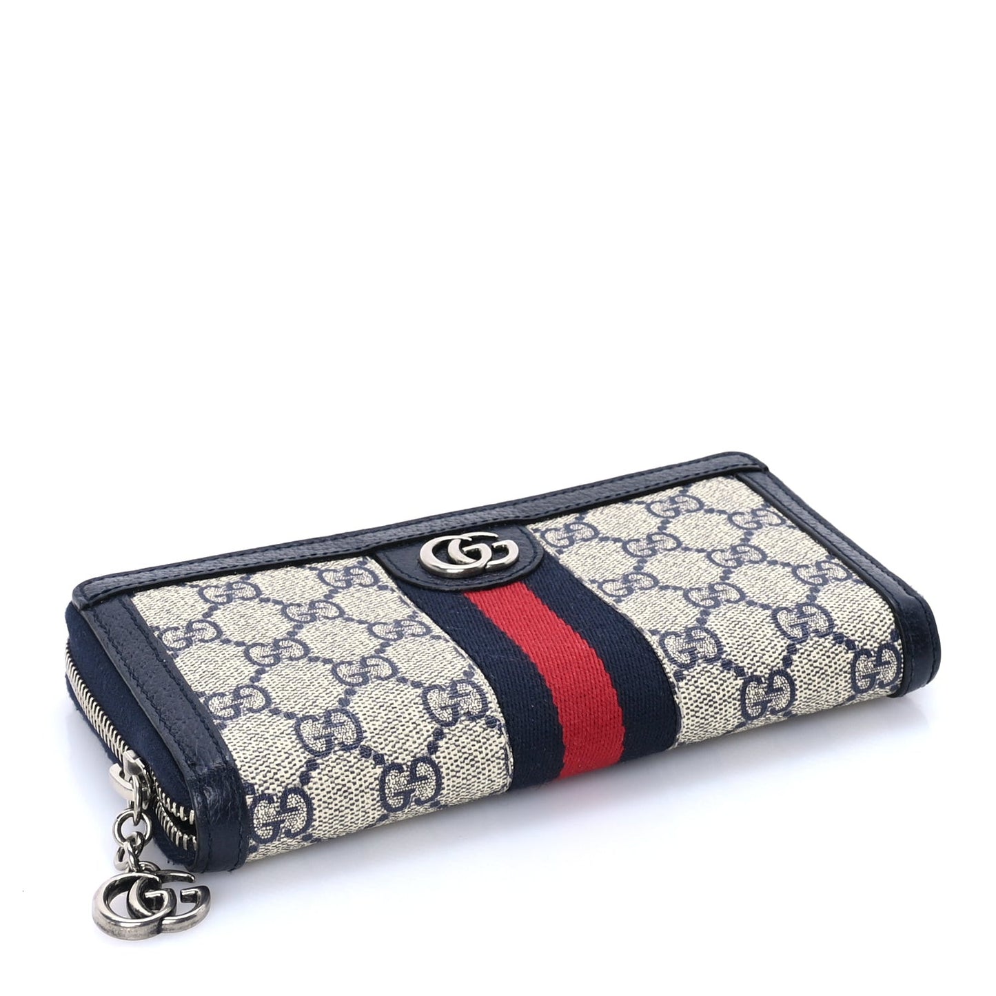 GG Supreme Monogram Textured Dollar Calfskin Web Ophidia Zip Around Wallet Beige Blue