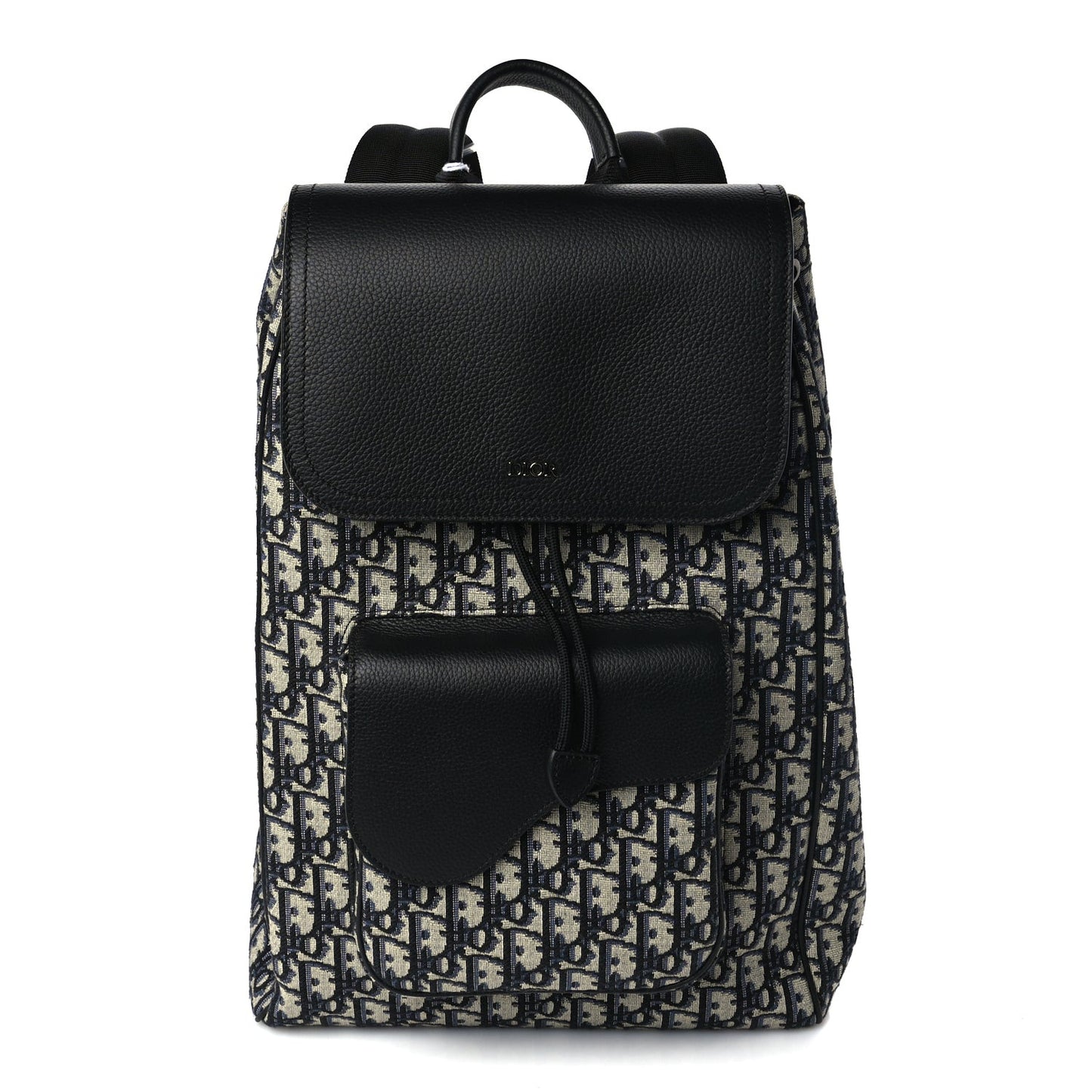 Oblique Jacquard Grained Calfskin Drawstring Saddle Backpack Beige Black Oblique Monogram