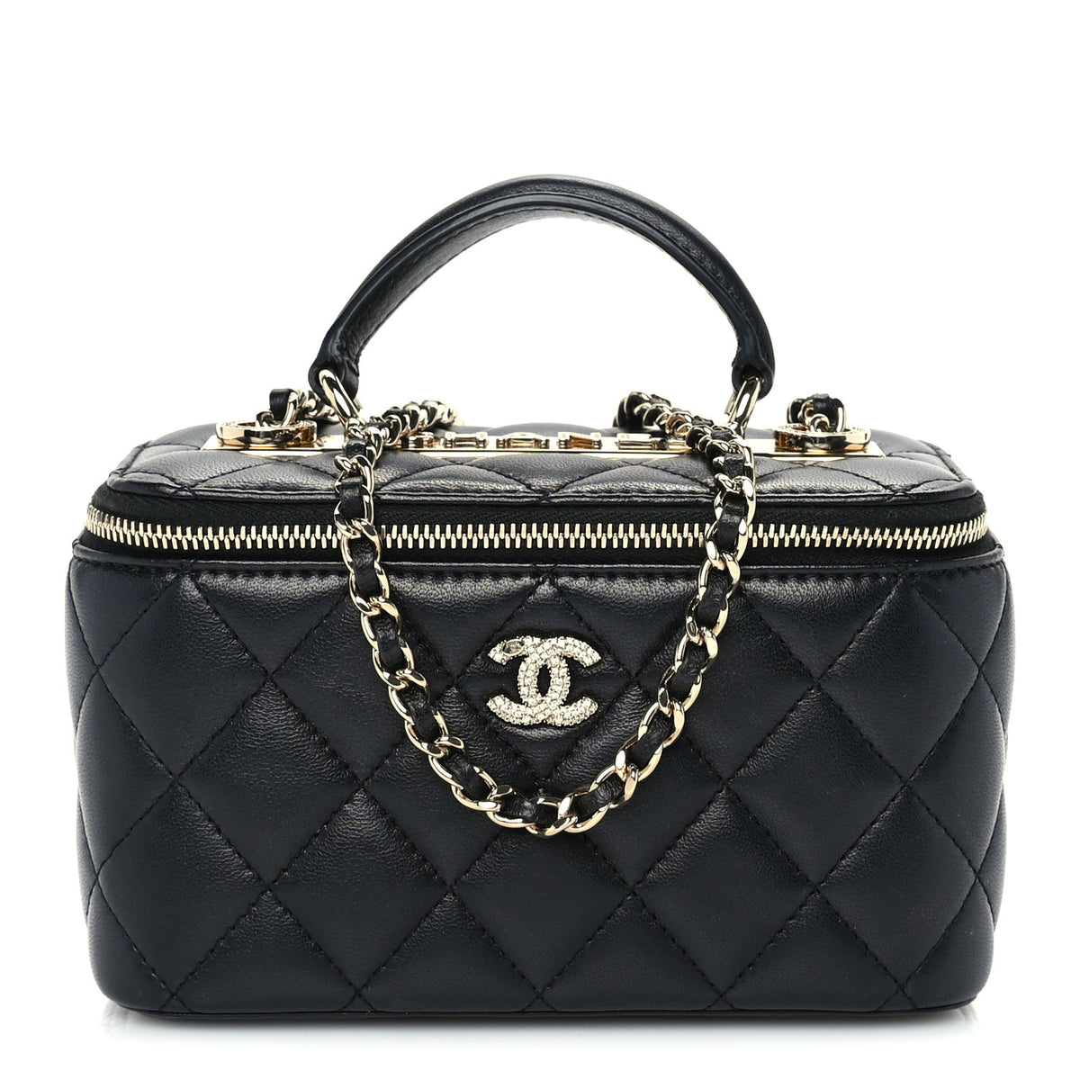 Lambskin Crystal Quilted Trendy Small Top Handle Vanity Case With Chain Black