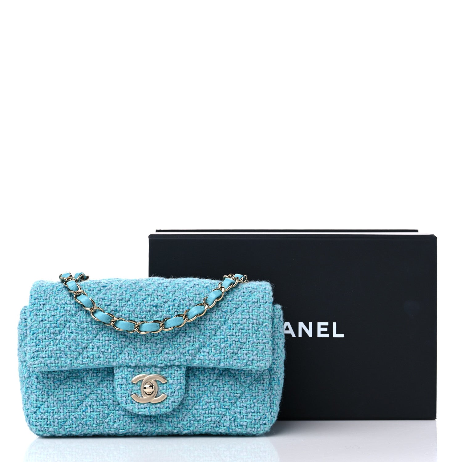 Chanel Wool Tweed Quilted Mini Rectangular Flap Turquoise Light Blue 10 of 10