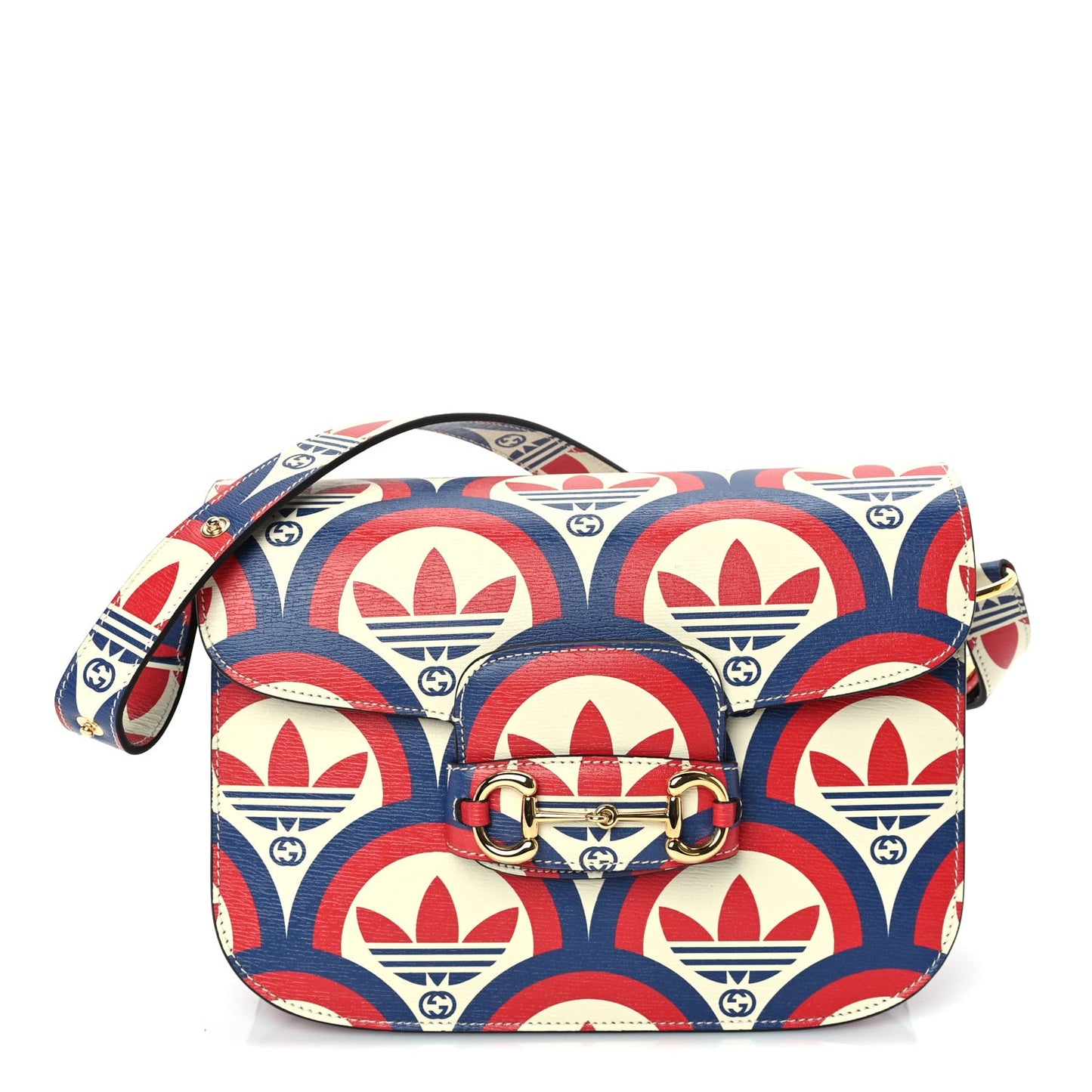 X ADIDAS Shangai Calfskin Web Trefoil Interlocking G Small Horsebit 1955 Shoulder Bag Red White Blue