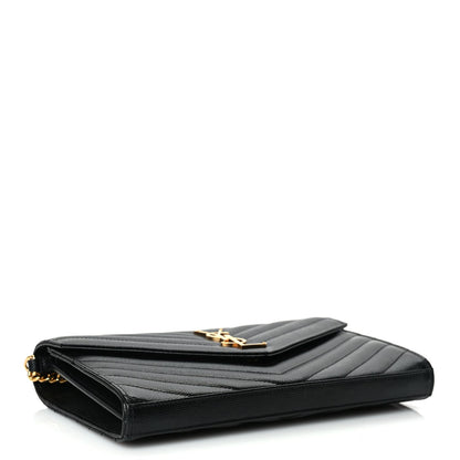 Saint Laurent Grain De Poudre Matelasse Chevron Monogram Chain Wallet Black 3 of 8
