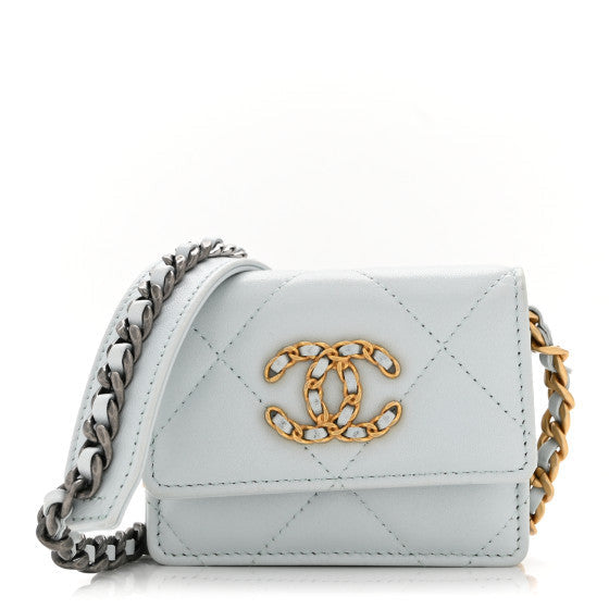 Lambskin Quilted 19 Flap Card Holder With Chain Light Blue