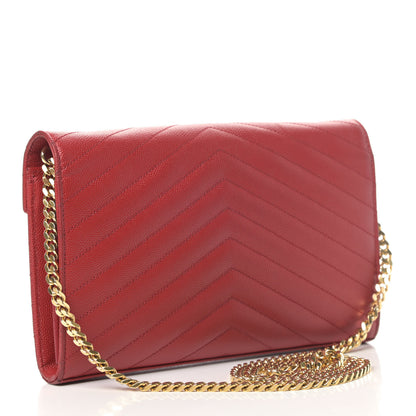 Saint Laurent Grain De Poudre Matelasse Chevron Monogram Chain Wallet New Red 2 of 7