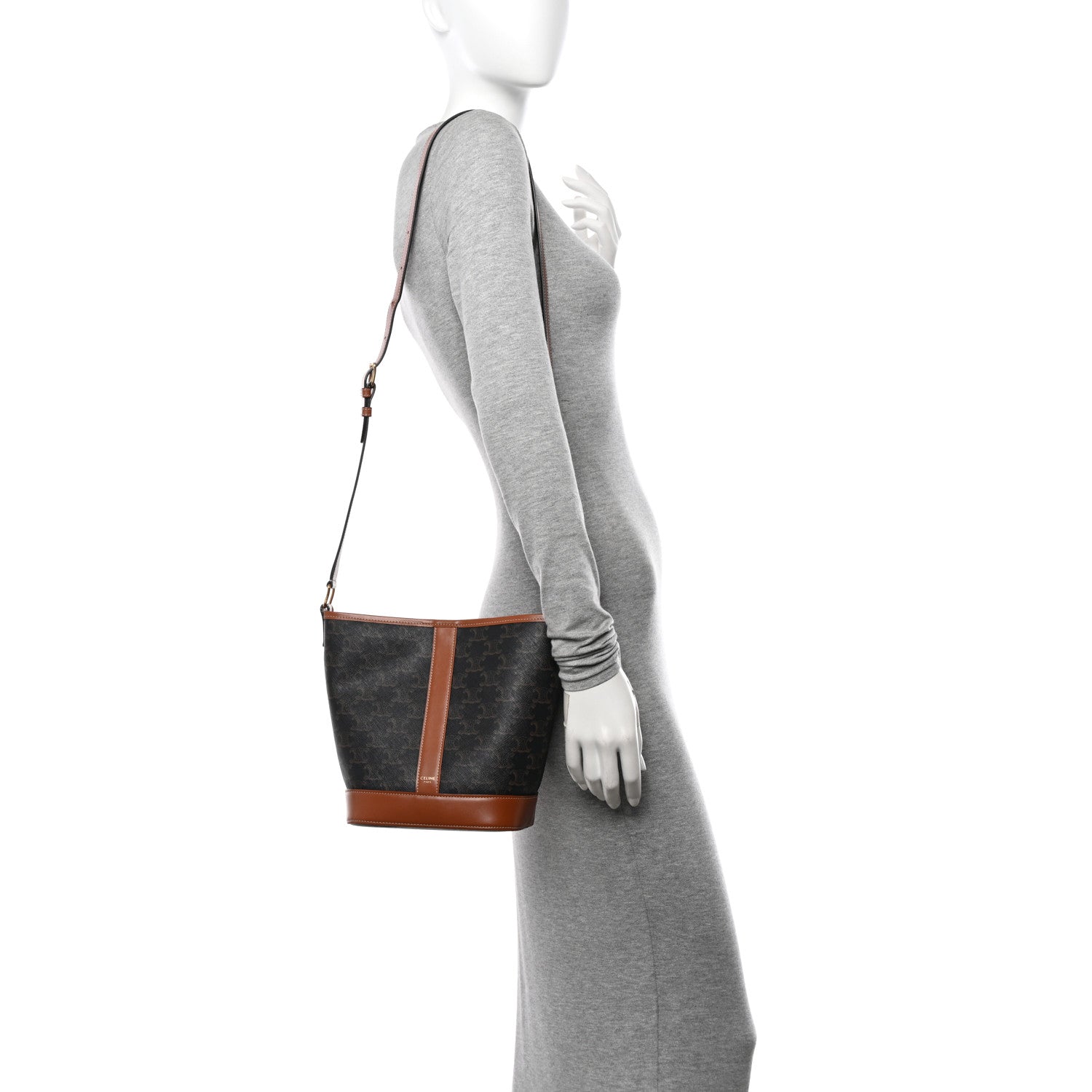 Celine Triomphe Canvas Calfskin Small Bucket Bag Tan 2 of 11