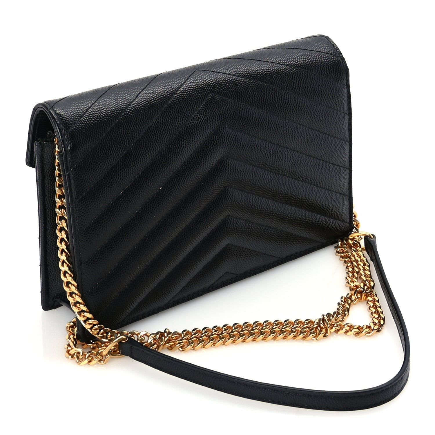 Saint Laurent Grain De Poudre Matelasse Chevron Monogram Envelope Chain Wallet Black 2 of 8