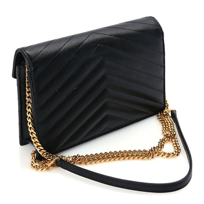 Saint Laurent Grain De Poudre Matelasse Chevron Monogram Envelope Chain Wallet Black 2 of 8