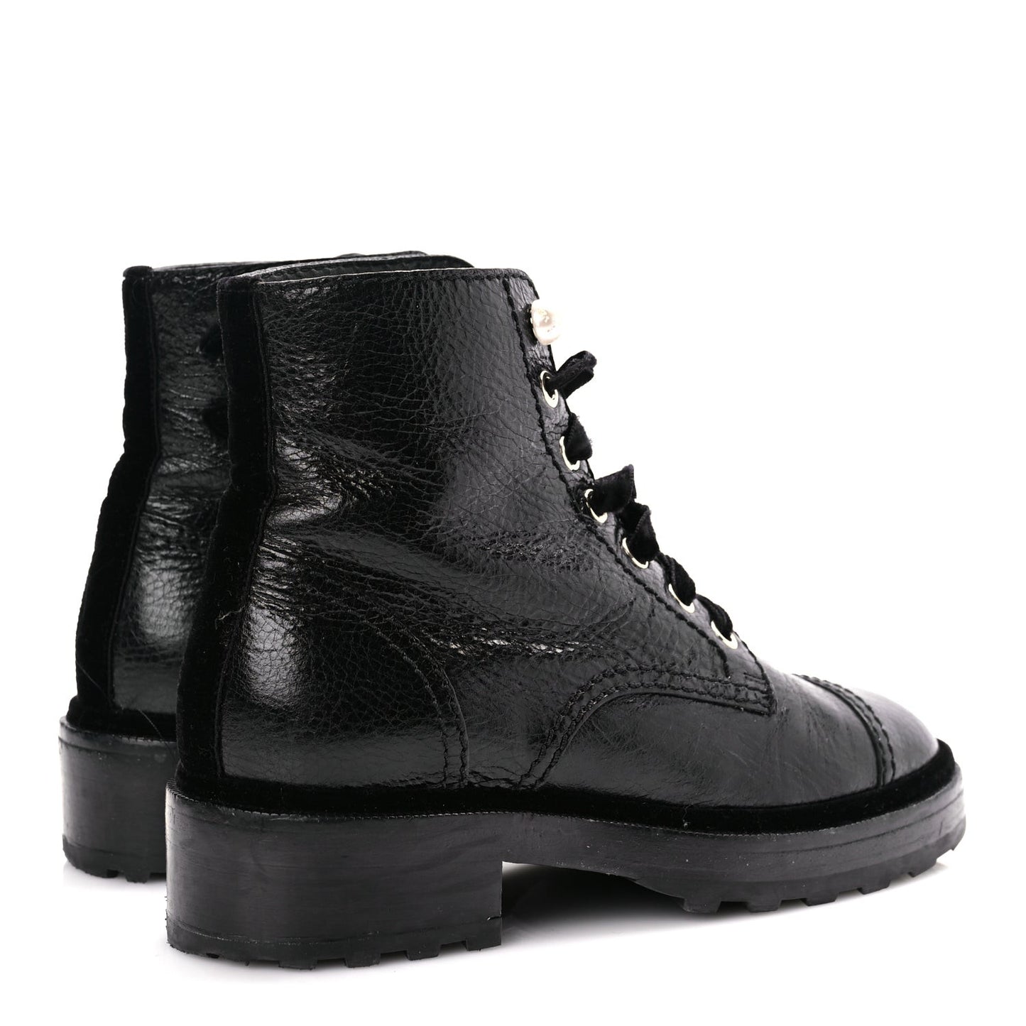 Shiny Calfskin Velvet Pearl Combat Short Boots  Black