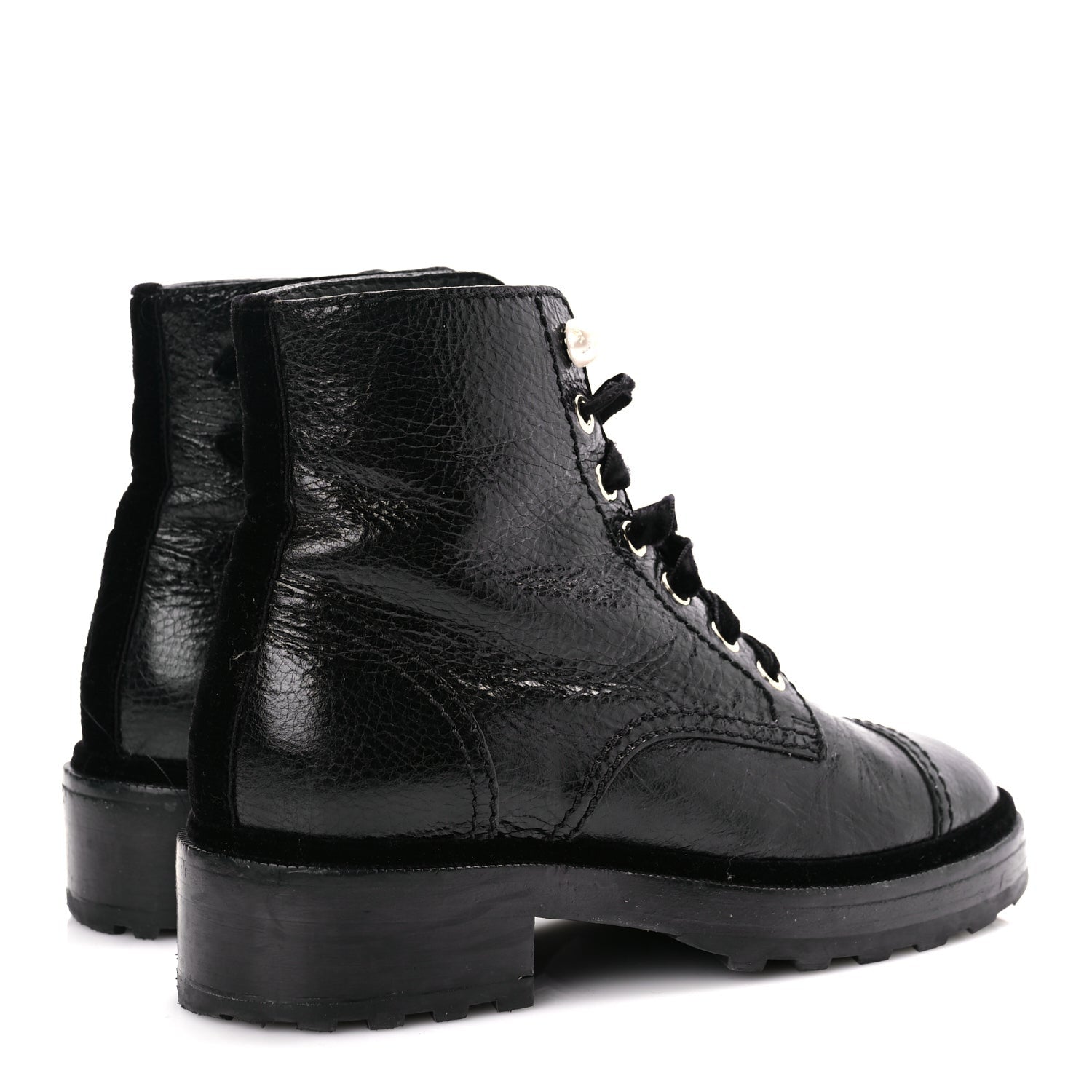 Chanel Shiny Calfskin Velvet Pearl Combat Short Boots  Black 5 of 10
