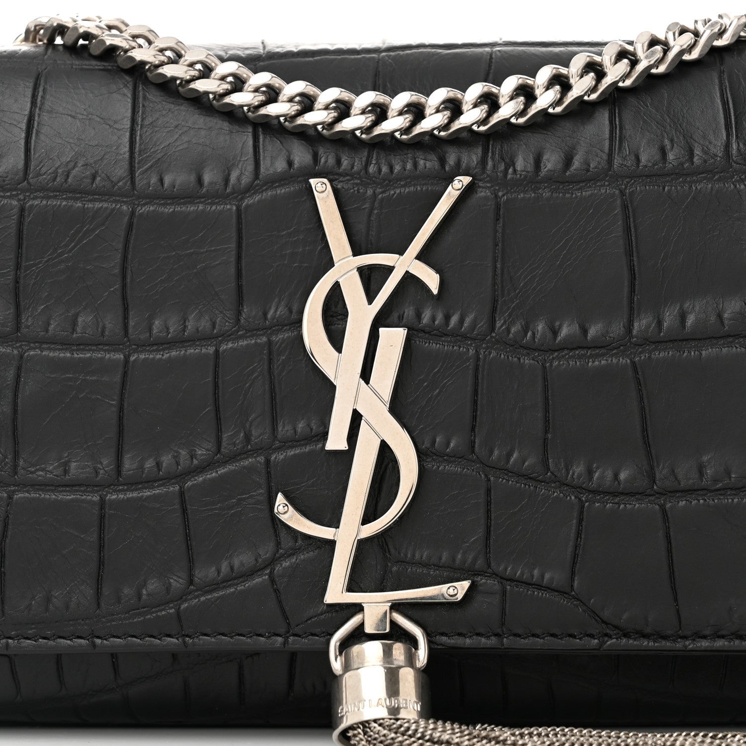 Saint Laurent Calfskin Crocodile Embossed Small Classic Monogram Kate Tassel Satchel Black 7 of 7