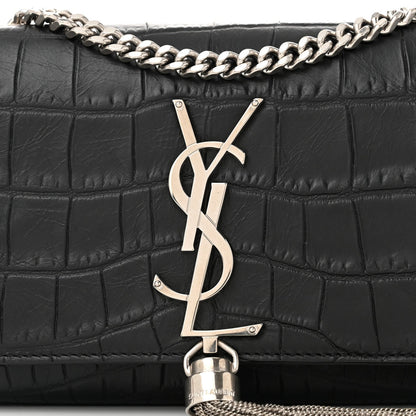 Saint Laurent Calfskin Crocodile Embossed Small Classic Monogram Kate Tassel Satchel Black 7 of 7