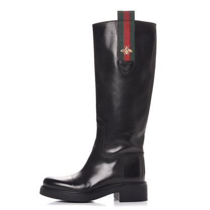 Gucci Calfskin Web Bee Tall Riding Boots 37.5 Black 1 of 12
