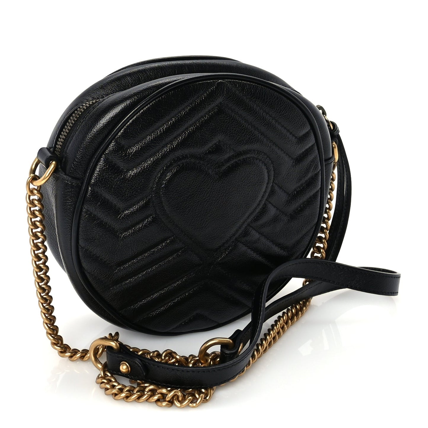 Azalea Calfskin Matelasse Heart Mini GG Marmont Round Shoulder Bag Black