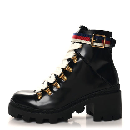 Gucci Calfskin Sylvie Web Lace Up Combat Boots 35 Black 1 of 7