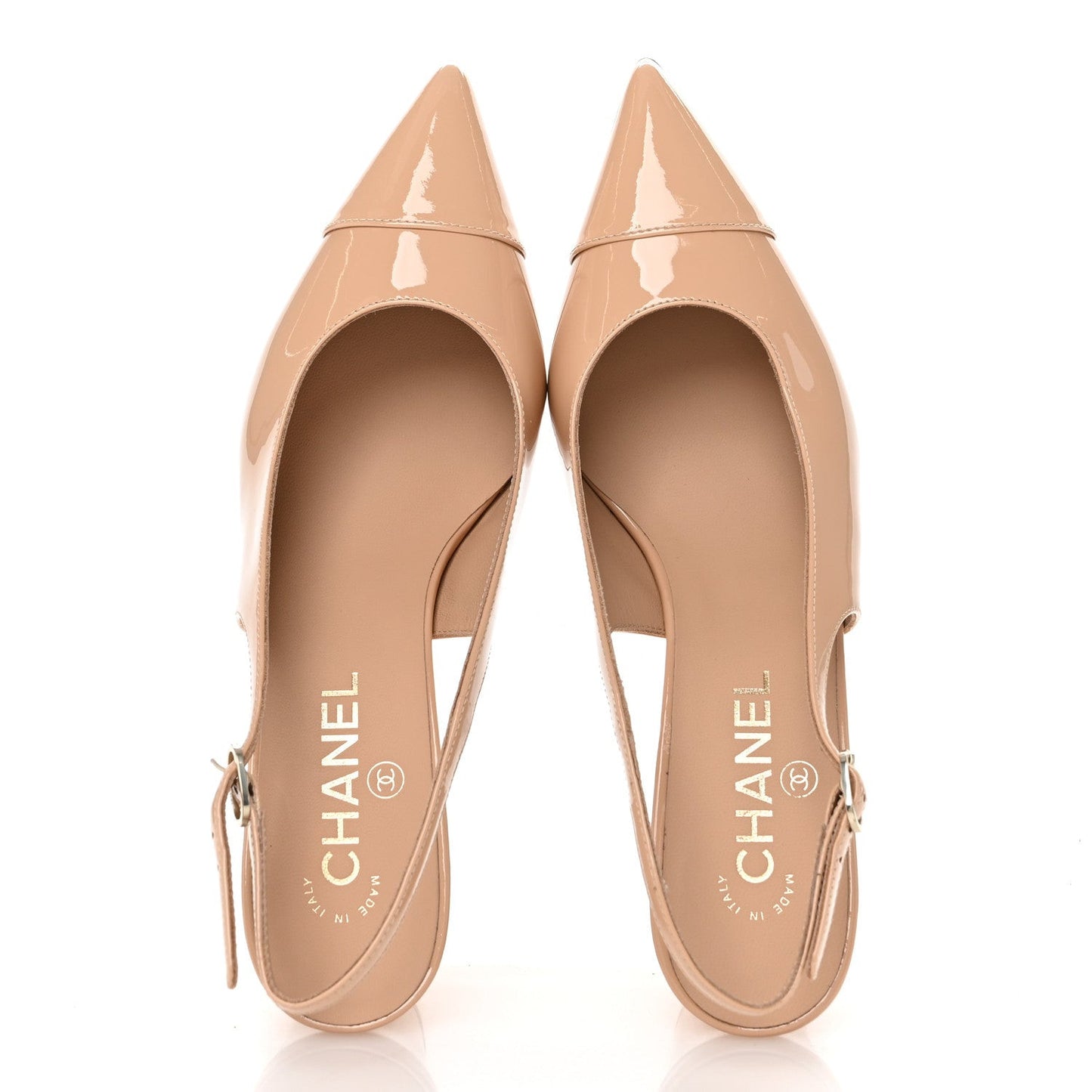 Patent Calfskin Cap Toe CC Slingback Pumps 38 Beige