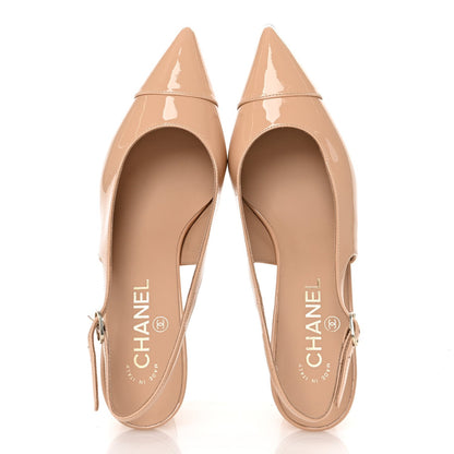 Chanel Patent Calfskin Cap Toe CC Slingback Pumps 38 Beige 2 of 7