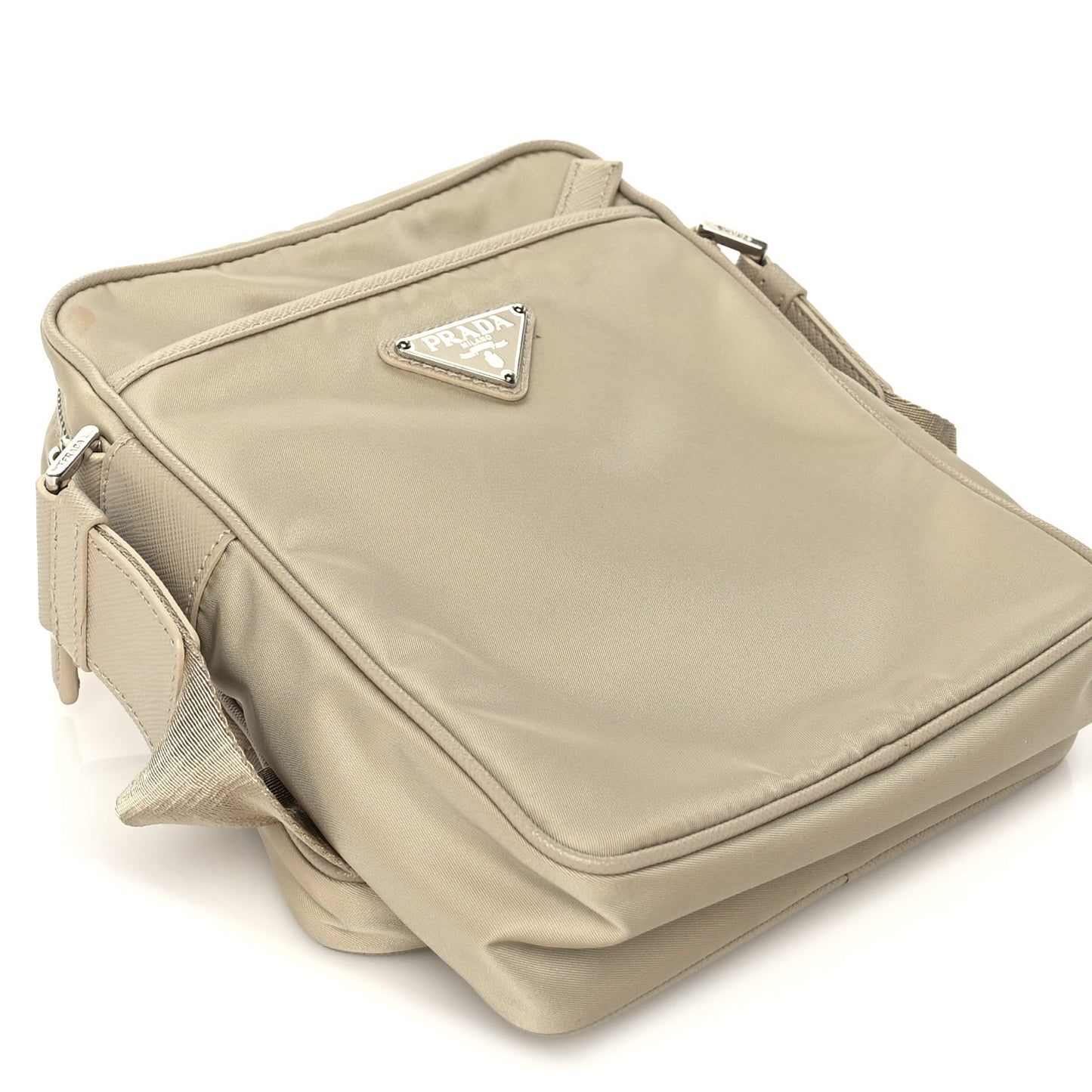 Tessuto Nylon Saffiano Front Pocket Zip Messenger With Pouch Beige