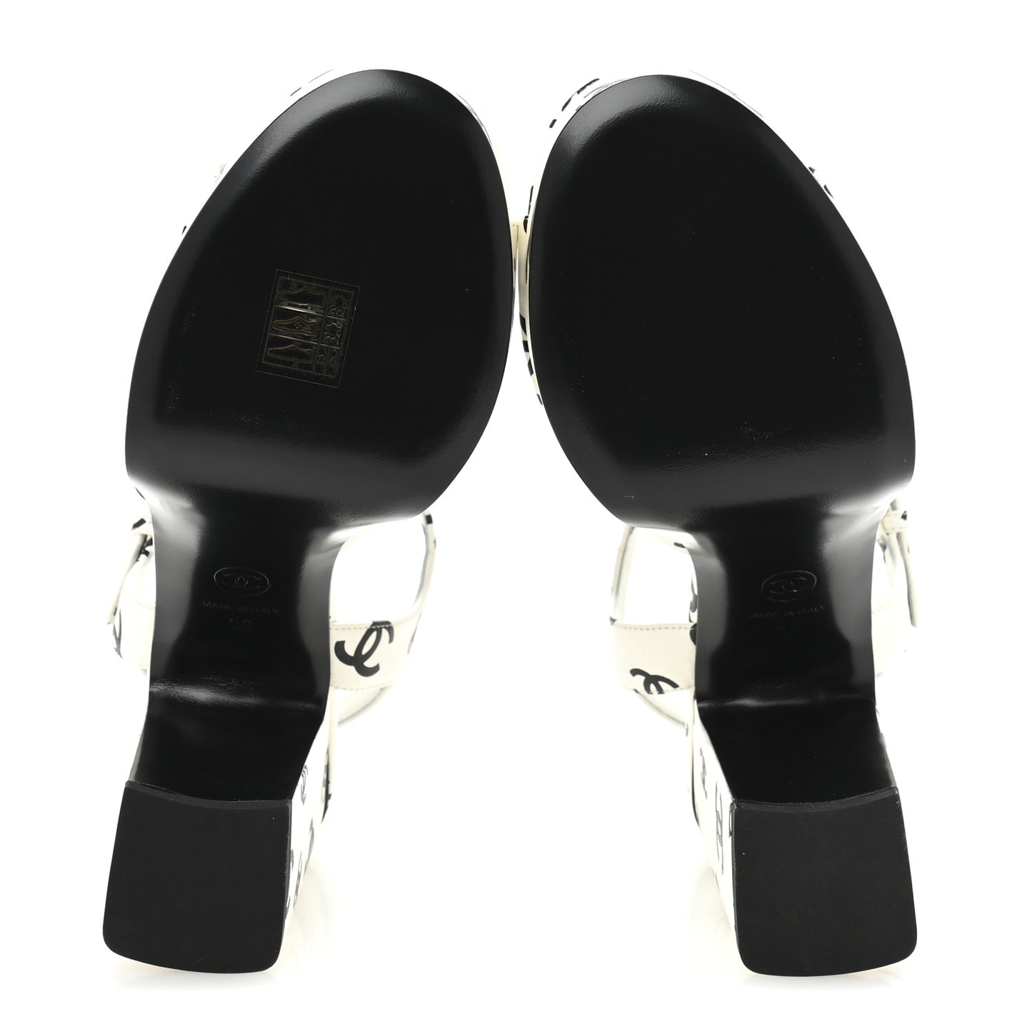 Printed Lambskin CC Platform Sandals 39 White Black