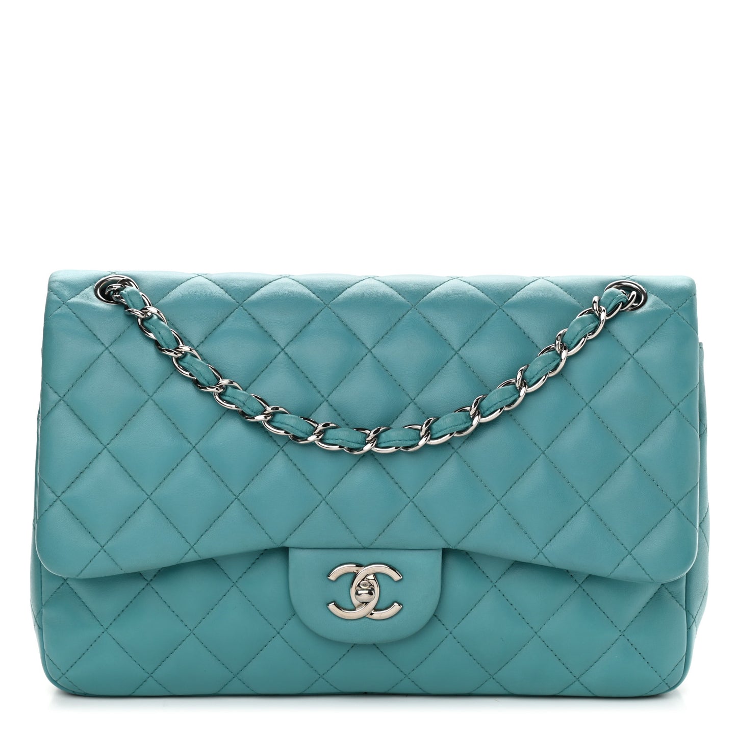 Lambskin Quilted Jumbo Double Flap Turquoise