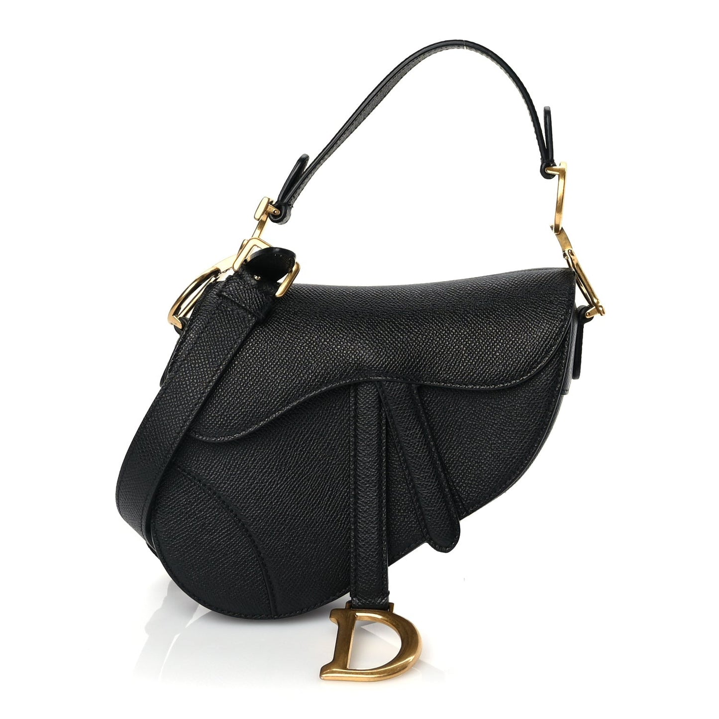 Grained Calfskin Mini Saddle Bag With Strap Black