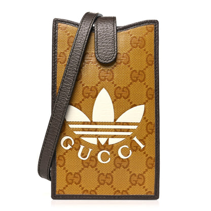 Gucci X ADIDAS Crystal Vintage Monogram Textured Dollar Calfskin Trefoil Logo Phone Crossbody Bag Mid Natural Nut Off White New Acero 1 of 11