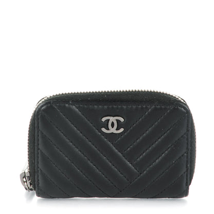 Chanel Lambskin Chevron Zip Around Coin Purse Wallet Black 1 of 7