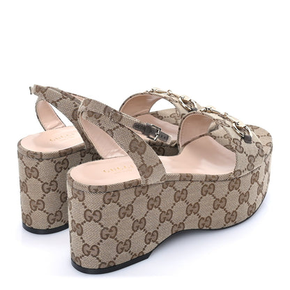 Gucci Monogram Nappa Chalotte Horsebit Ankle Strap 75mm Flatform Sandals 38  Beige Ebony 4 of 7
