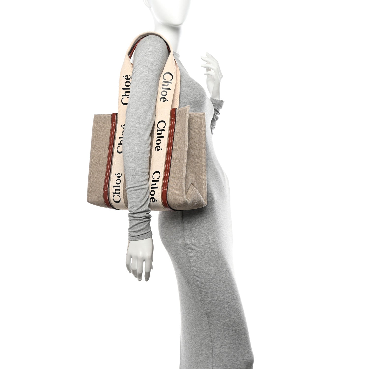 Chloe Linen Calfskin Medium Woody Ribbon Tote White Brown 2 of 10