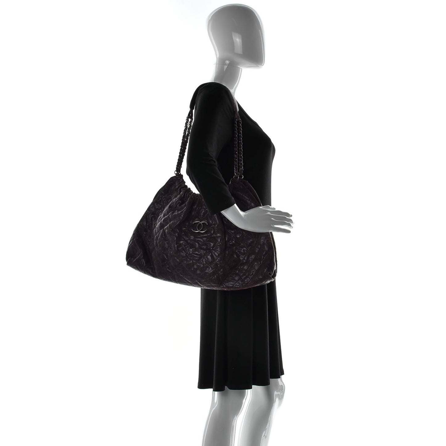 Distressed Glazed Caviar Quilted Medium Elastic Tote Brown