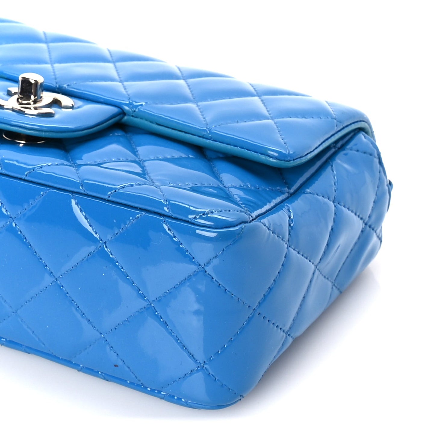 Patent Calfskin Quilted Mini Rectangular Flap  Blue