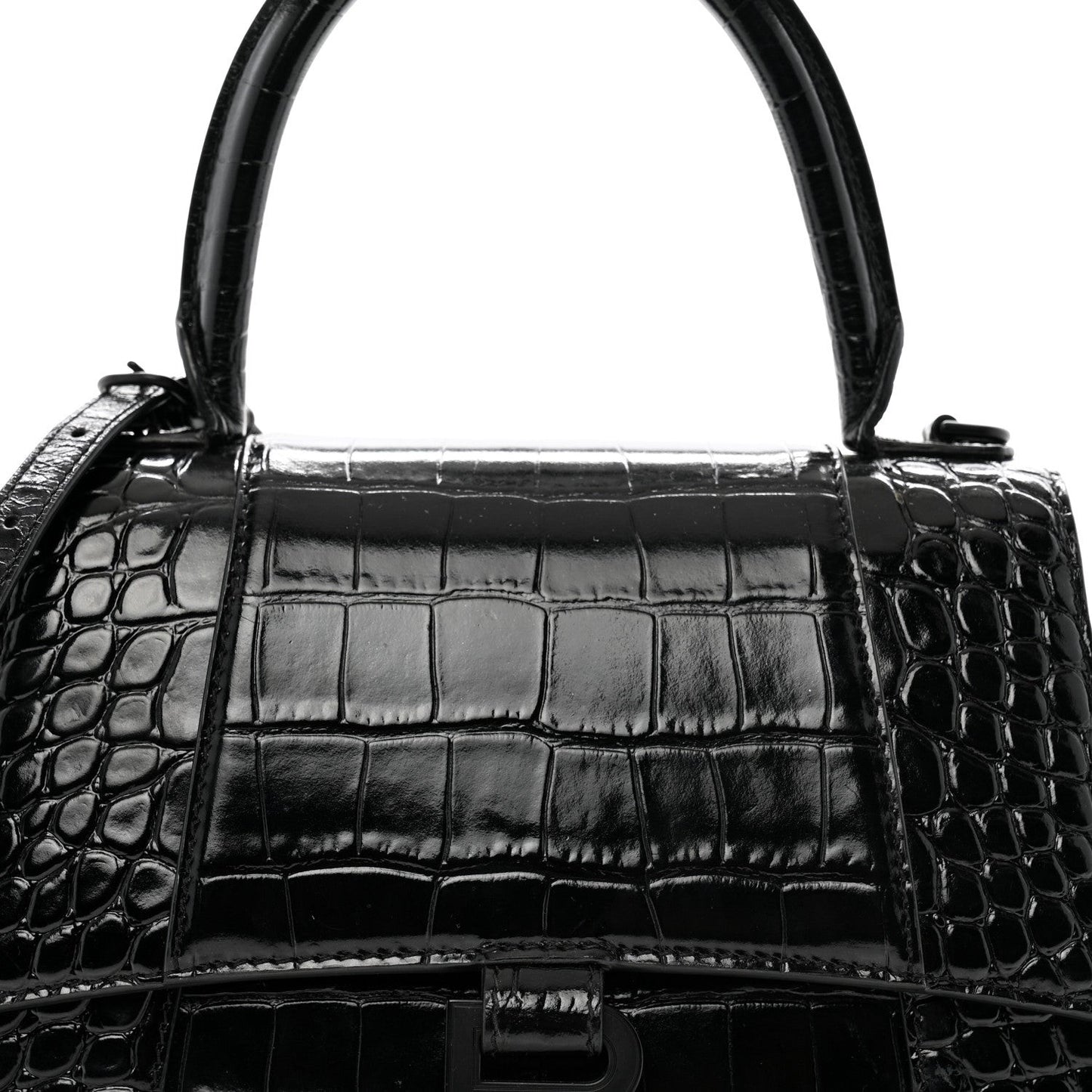 Shiny Calfskin Monochrome Crocodile Embossed Small Hourglass Top Handle Bag Black