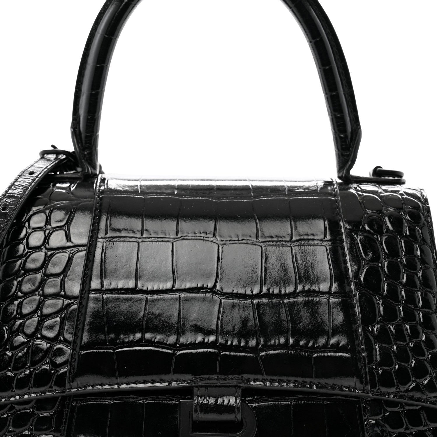 Balenciaga Shiny Calfskin Monochrome Crocodile Embossed Small Hourglass Top Handle Bag Black 7 of 7