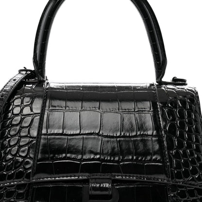 Balenciaga Shiny Calfskin Monochrome Crocodile Embossed Small Hourglass Top Handle Bag Black 7 of 7